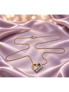14K Two Tone Gold Heart Necklace 3 Diamond Pendant 18 In C.G.C